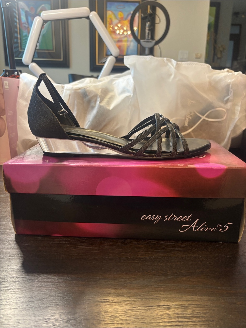 easy street Black Metallic Accent Slingback Wedge Sandals